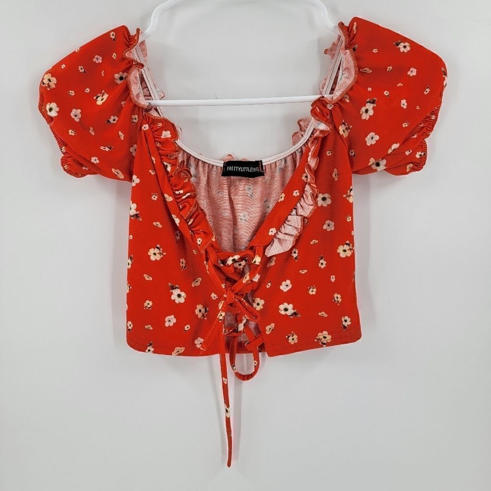 Pretty little thing crop top orange lace up 2 flower floral off the shoulder